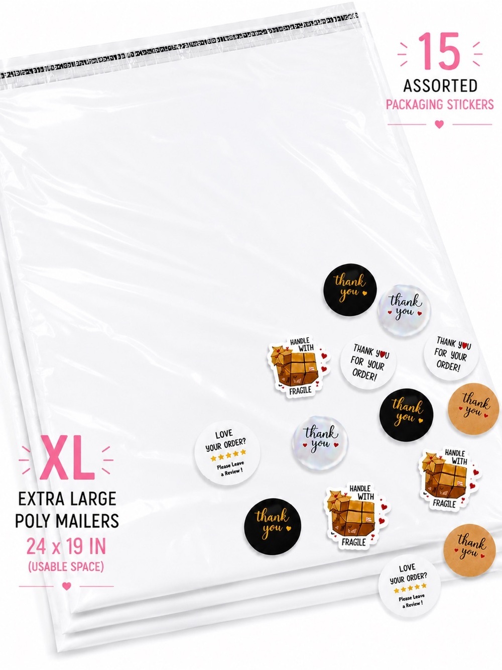 🆕 XL 10 White Strong Poly Mailers 24 x 19 + Assorted 15 Thank You Sticker NWOT
